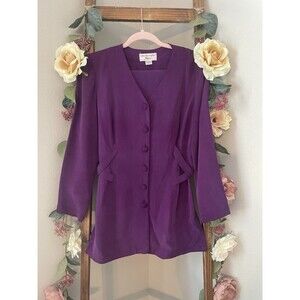 ADRIANNA PAPELL Petite Silk Skirt Suit Plum Purple Size 8 Long Sleeve EUC